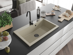 Mexen Elix žulový kuchynský drez 1-komorový 800 x 500 mm, béžový, čierny sifón - 6527801005-69-B