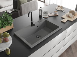 Mexen Elix granitový kuchynský drez s 1 komorou 800 x 500 mm, šedý, čierny sifón - 6527801005-71-B