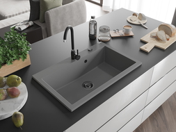Mexen Elix kuchynský drez z granitu s 1 komorou 800 x 500 mm, sivý, čierny sifón - 6527801005-71-B