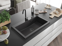 Mexen Elix granitový drez 1-komorový 800 x 500 mm, čierny s bodkami, čierny sifón - 6527801005-76-B