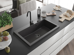 Mexen Elix granitový drez 1-komorový 800 x 500 mm, čierny škvrnitý, čierny sifón - 6527801005-76-B