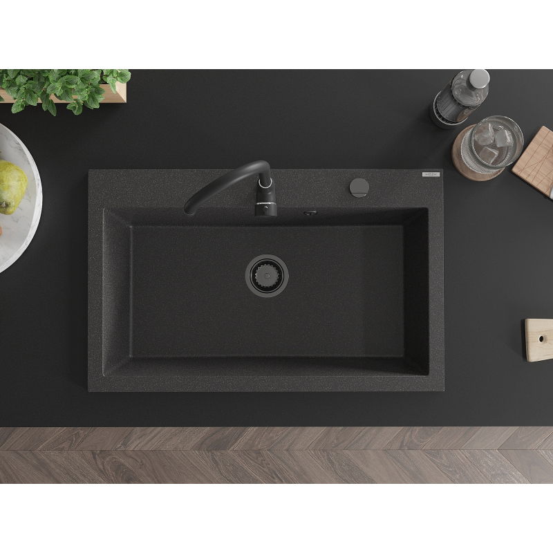 Mexen Elix granitový drez 1-komorový 800 x 500 mm, čierny škvrnitý, čierny sifón - 6527801005-76-B
