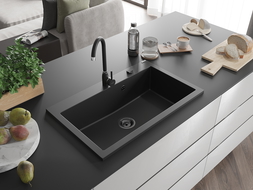 Mexen Elix granitový drez 1-komorový 800 x 500 mm, čierny, sifón zlatý - 6527801005-77-B