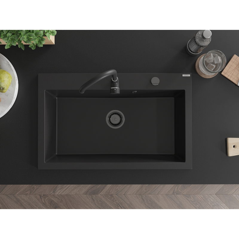 Mexen Elix žulový drez s 1-komorou 800 x 500 mm, čierny, zlatý sifón - 6527801005-77-B