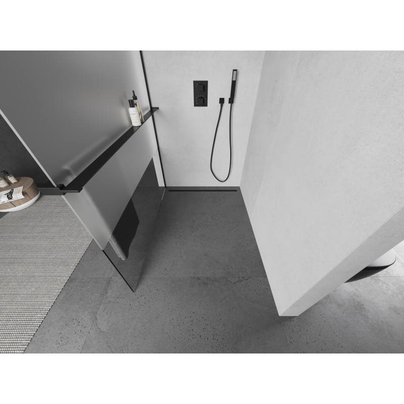 Mexen Kioto+ sprchová stena s poličkou Walk-in 80 x 200 cm, priehľadná/mrazená, čierna - 800-080-121-70-35