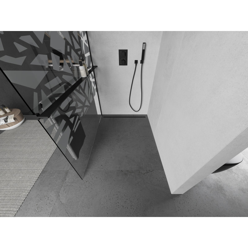 Mexen Kioto+ sprchová stena s poličkou Walk-in 130 x 200 cm, biely vzor, čierna - 800-130-121-70-85