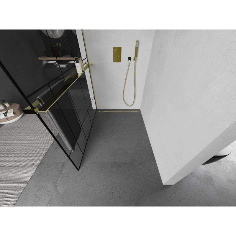 Mexen Kioto+ sprchová zástena s poličkou Walk-in 80 x 200 cm, čierny vzor, zlatá - 800-080-121-50-78
