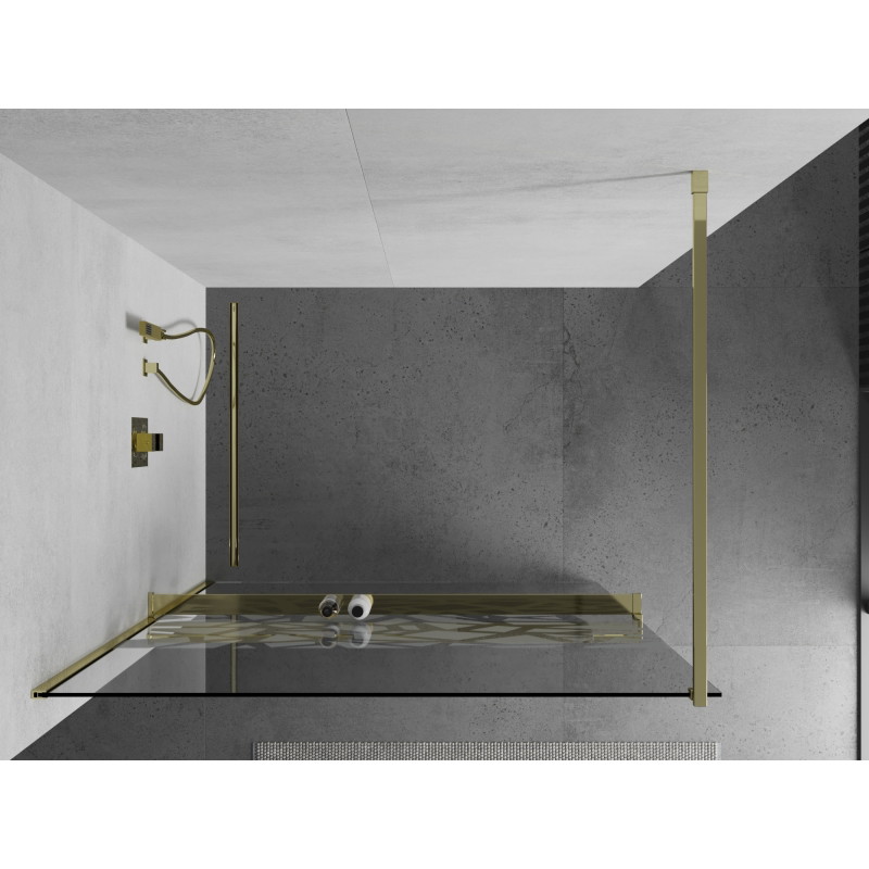 Mexen Kioto+ sprchová zástena s poličkou Walk-in 100 x 200 cm, biely vzor, zlatá - 800-100-121-50-85