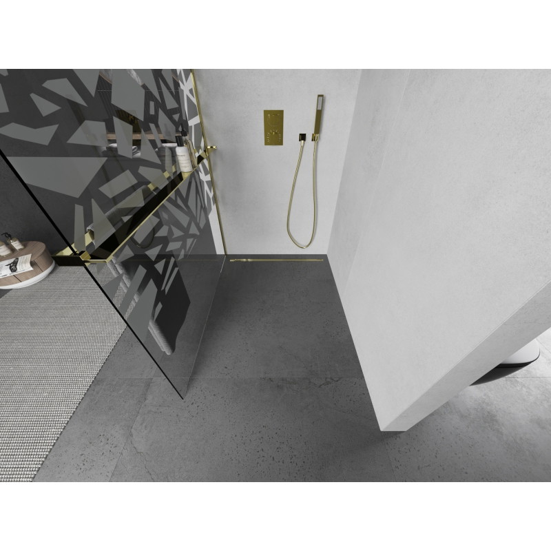 Mexen Kioto+ sprchová zástena s poličkou Walk-in 100 x 200 cm, biely vzor, zlatá - 800-100-121-50-85