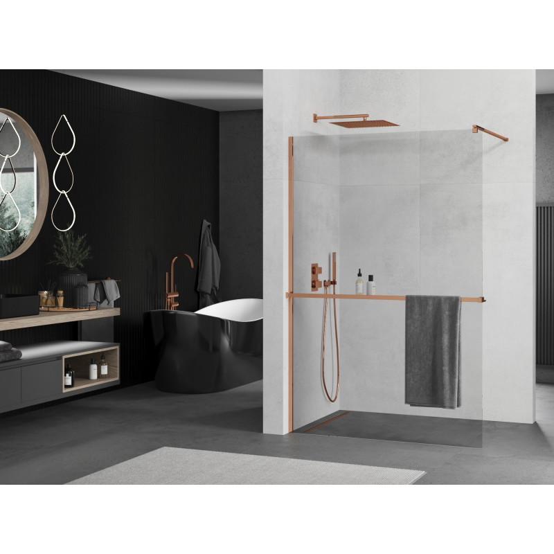 Mexen Kioto+ sprchová stena s polícou Walk-in 90 x 200 cm, transparentná, ružové zlato - 800-090-121-60-00