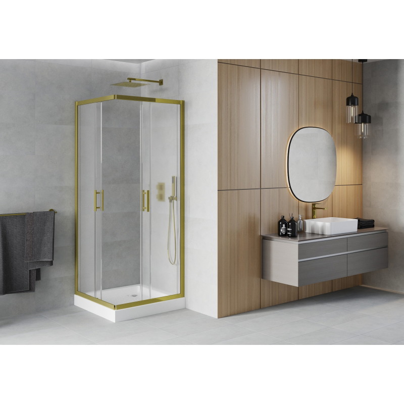 Mexen Rio štvorcový sprchovací kút 70 x 70 cm, matný, zlatý + vanička, biela - 860-070-070-50-30-4510