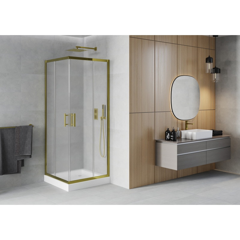 Mexen Rio štvorcový sprchovací kút 70 x 70 cm, matný, zlatý + vanička, biela - 860-070-070-50-30-4510