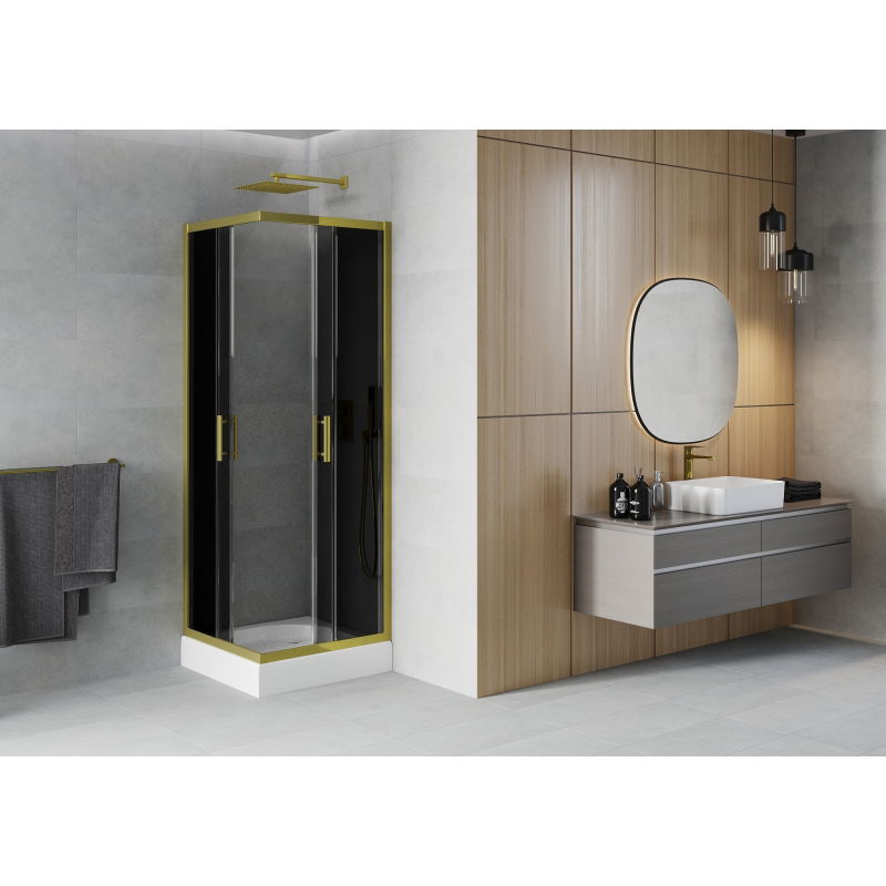Mexen Rio štvorcová sprchová kabína 70 x 70 cm, grafitová, zlatá + sprchová vanička Rio, biela - 860-070-070-50-40-4510