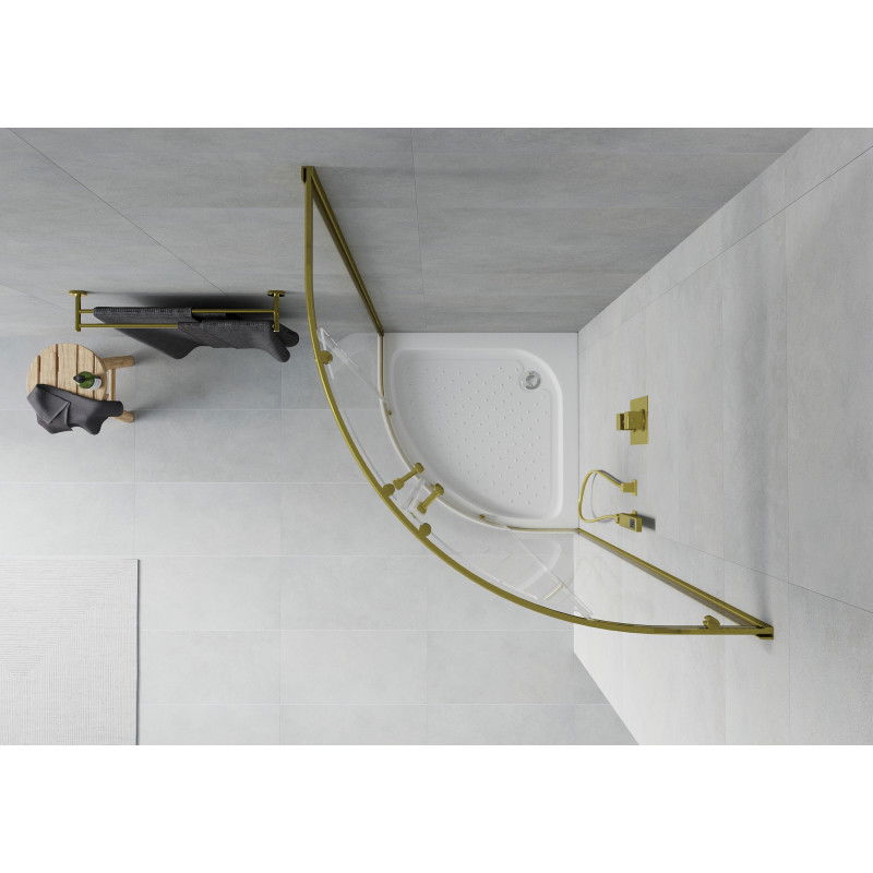 Mexen Rio polkruhová sprchová kabína 70 x 70 cm, transparentná, zlatá + brodzik Rio, biely - 863-070-070-50-00-4710