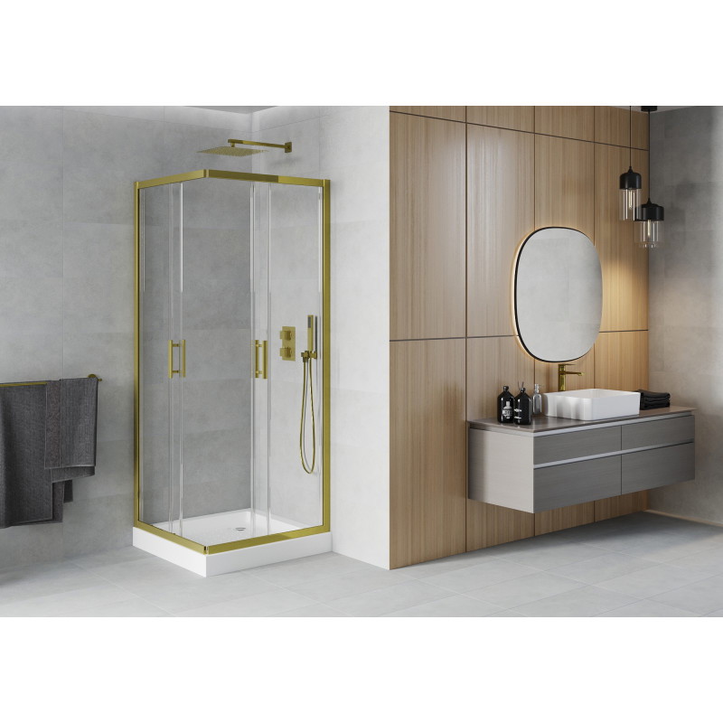 Mexen Rio štvorcový sprchový kút 80 x 80 cm, transparentný, zlatý + sprchová vanička, biela - 860-080-080-50-00-4510