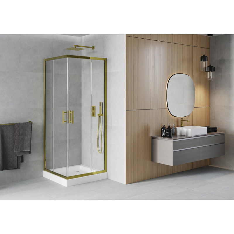 Mexen Rio štvorcový sprchový kút 80 x 80 cm, transparentný, zlatý + sprchová vanička, biela - 860-080-080-50-00-4510