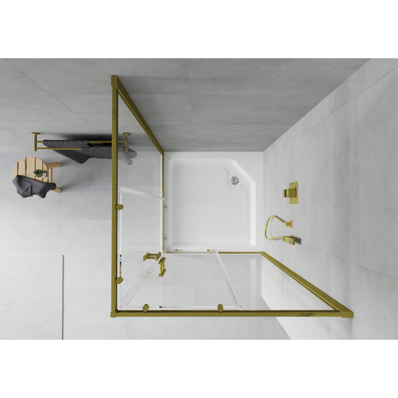 Mexen Rio štvorcová sprchová kabína 90 x 90 cm, transparentná, zlatá + sprchová vanička, biela - 860-090-090-50-00-4510