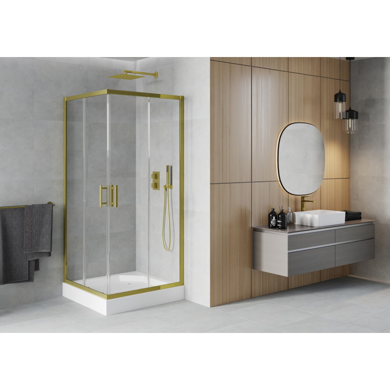 Mexen Rio štvorcová sprchová kabína 90 x 90 cm, transparentná, zlatá + sprchová vanička, biela - 860-090-090-50-00-4510