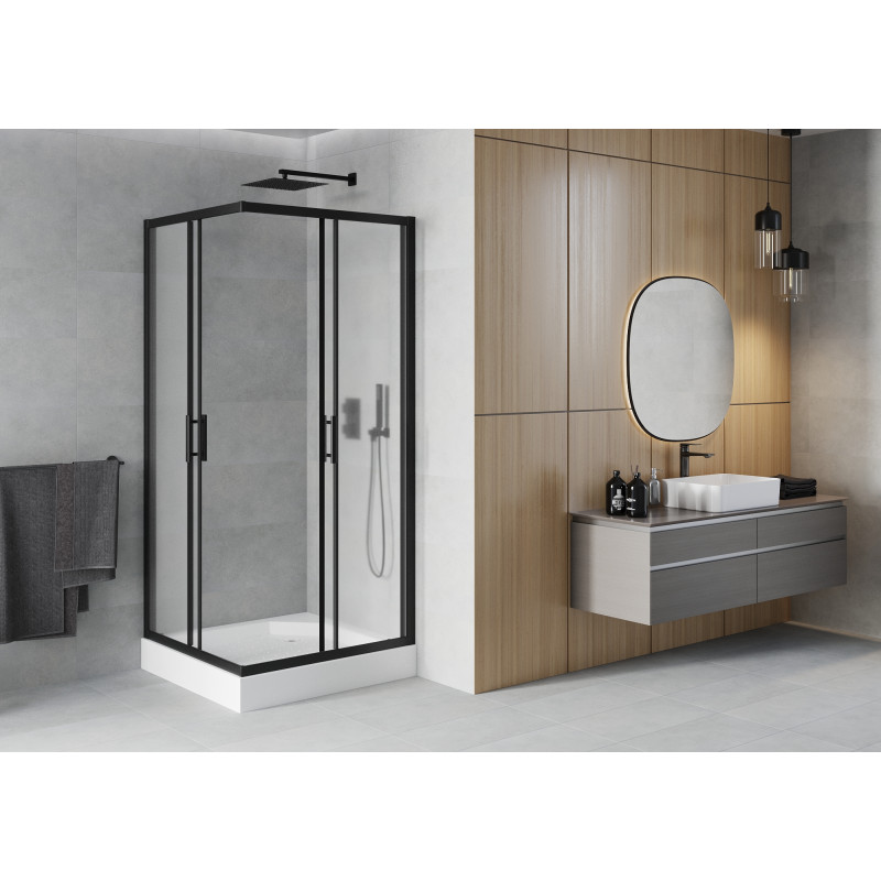 Mexen Rio štvorcový sprchový kút 90 x 90 cm, mrazivý, čierny + sprchová vanička, biela - 860-090-090-70-30-4510