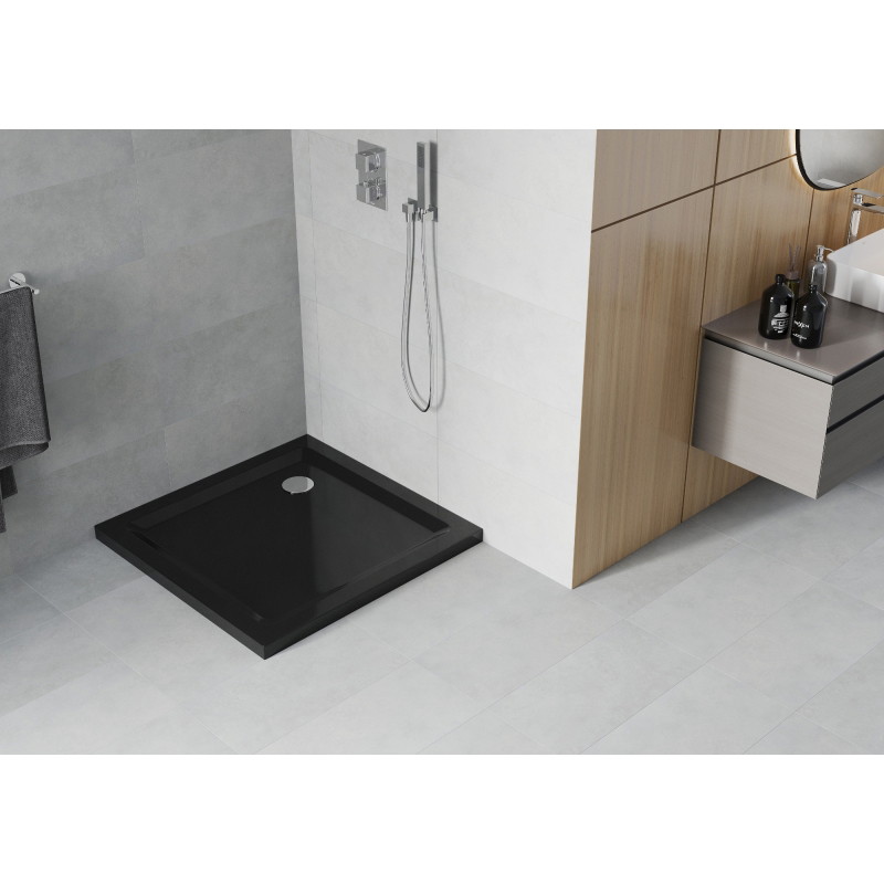 Mexen Flat štvorková sprchová vanička slim 70 x 70 cm, čierna, vývod chróm - 40707070