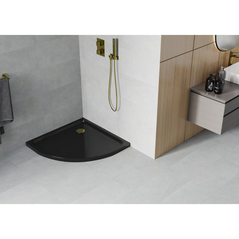Mexen Flat polkruhový sprchový kút slim 100 x 100 cm, čierny, sifón zlatý - 41701010G