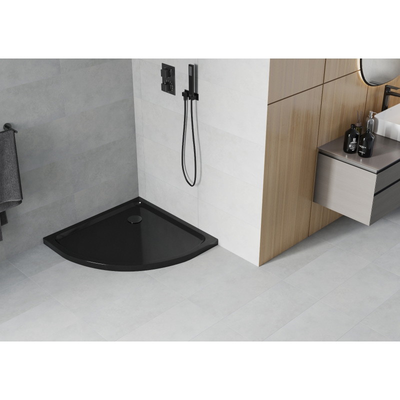 Mexen Flat polkruhová sprchová vanička slim 100 x 100 cm, čierna, sifón čierny - 41701010B