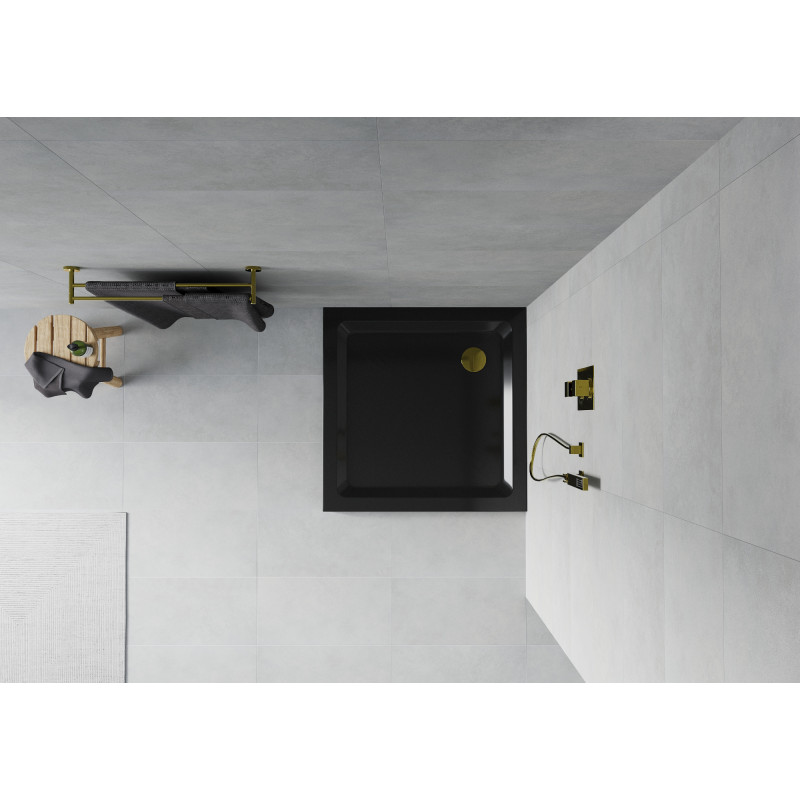 Mexen Flat štvorcový sprchovací kút slim 70 x 70 cm, čierny, sifón zlatý - 40707070G