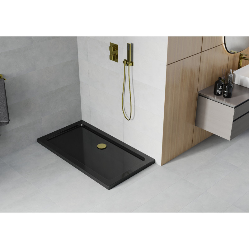 Mexen Flat obdĺžnikový sprchový kút slim 120 x 70 cm, čierny, sifón zlatý - 40707012G