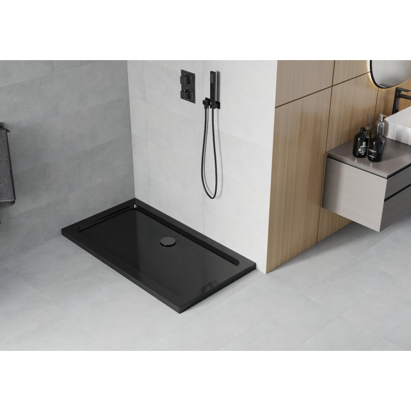 Mexen Flat obdĺžnikový sprchový kút slim 140 x 70 cm, čierny, čierny sifón - 40707014B