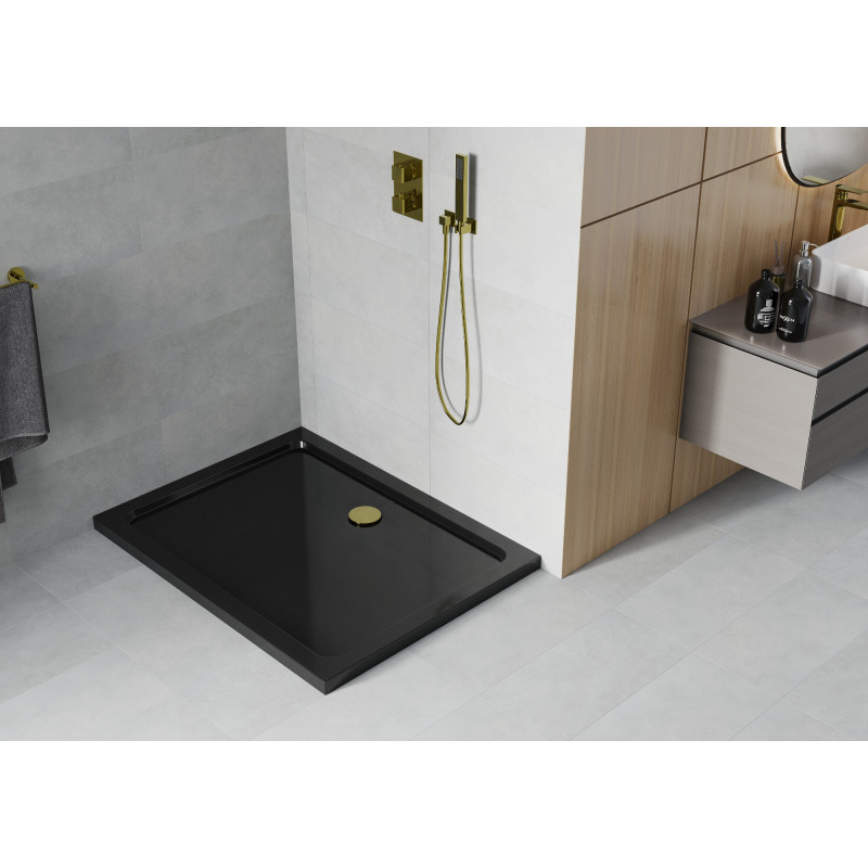 Mexen Flat štvorcový sprchový kút slim 140 x 80 cm, čierny, sifón zlatý - 40708014G