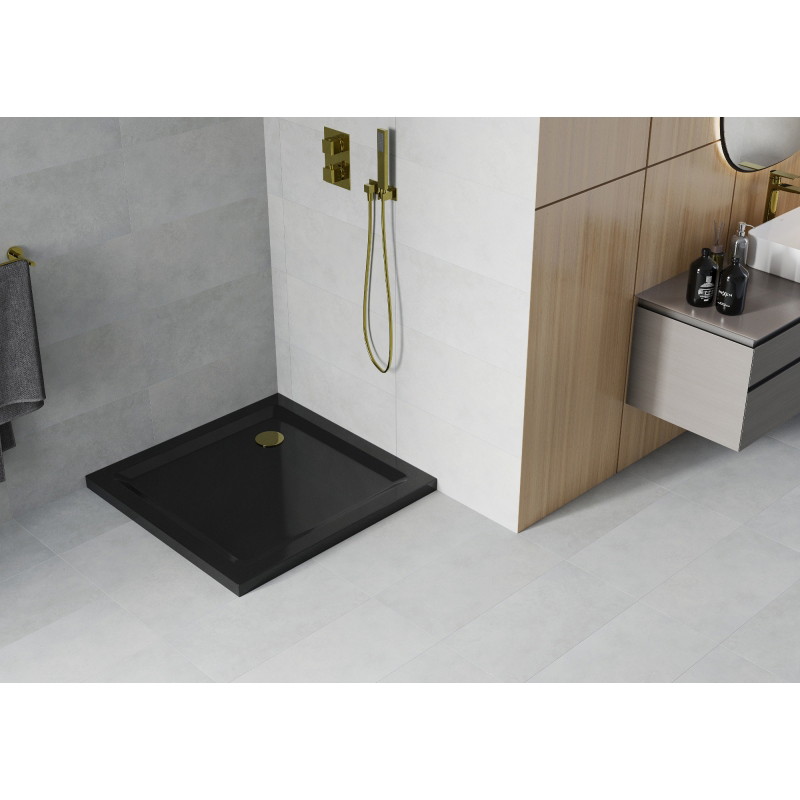 Mexen Flat štvorcový sprchový kút slim 100 x 100 cm, čierny, zlatý sifón - 40701010G