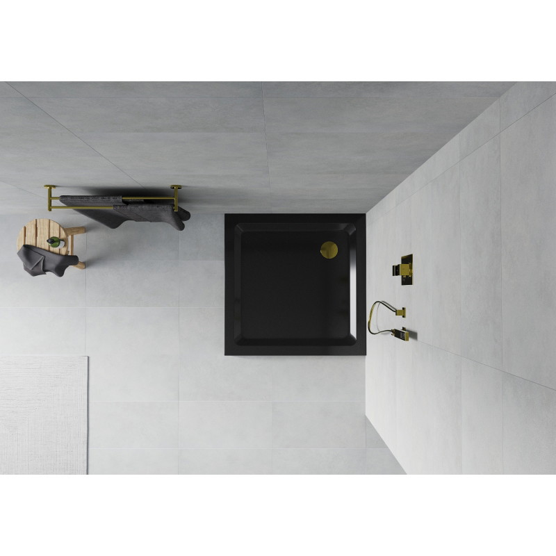 Mexen Flat štvorcový sprchový kút slim 100 x 100 cm, čierny, zlatý sifón - 40701010G