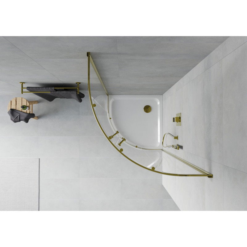 Mexen Rio polokrúhová sprchová kabína 80 x 80 cm, transparentná, zlatá + vanička Flat, biela - 863-080-080-50-00-4110G