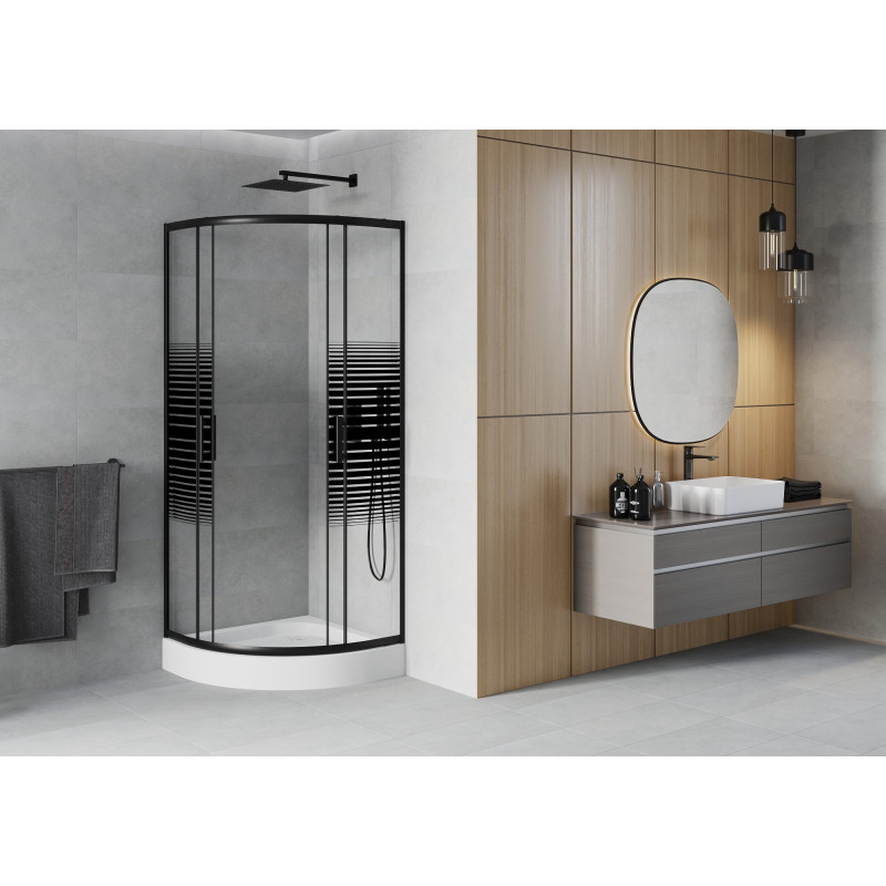 Mexen Rio polkruhový sprchovací kút 70 x 70 cm, čierne pásy, čierna + sprchová vanička, biela - 863-070-070-70-20-4710