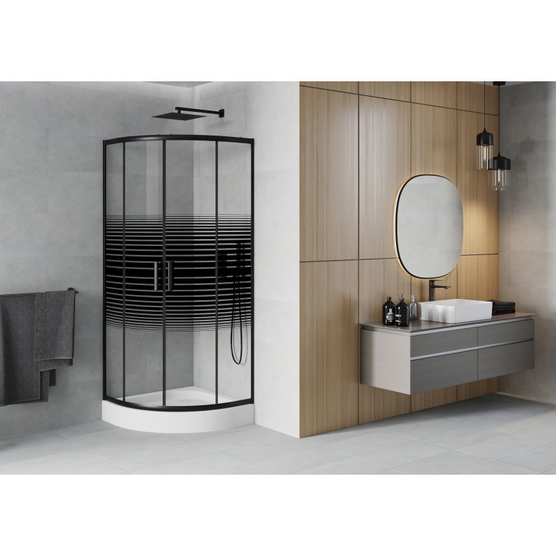 Mexen Rio polkruhový sprchovací kút 70 x 70 cm, čierne pásy, čierna + sprchová vanička, biela - 863-070-070-70-20-4710