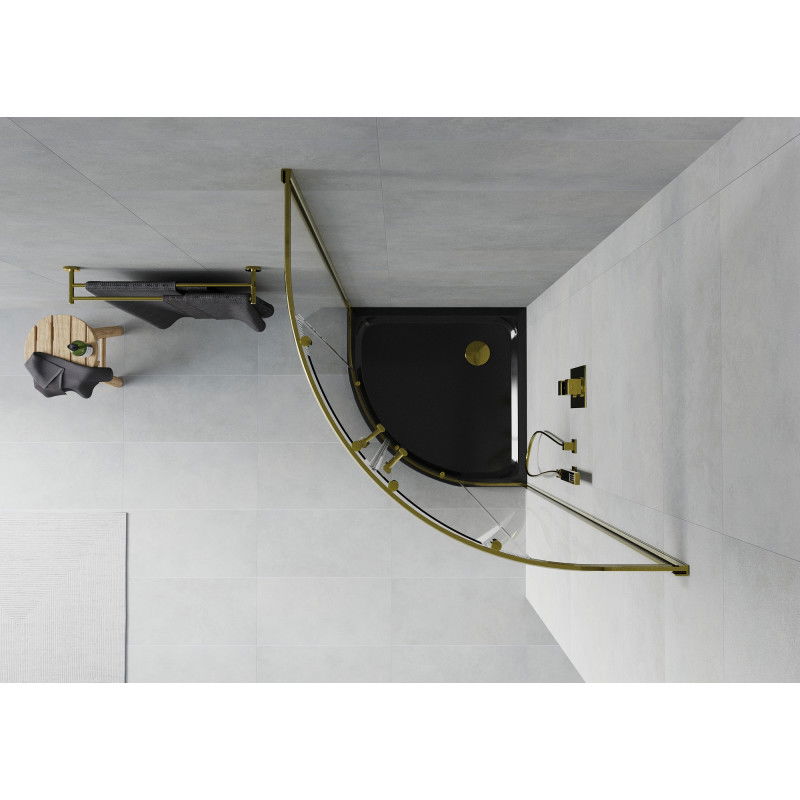 Mexen Rio polkruhová sprchová kabína 80 x 80 cm, transparentná, zlatá + sprchová vanička Flat, čierna - 863-080-080-50-00-4170G