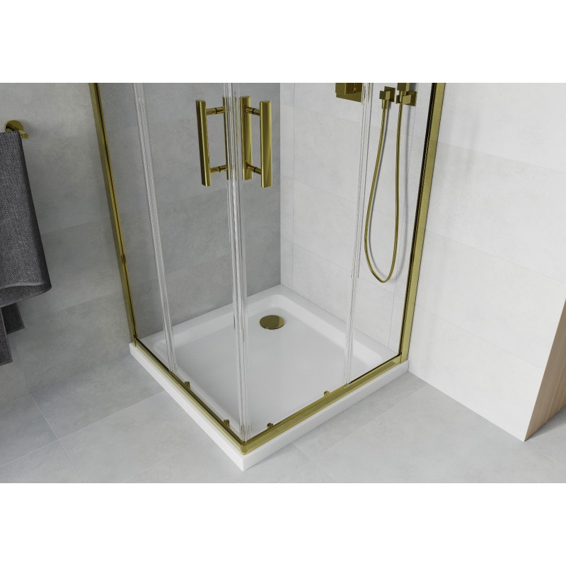 Mexen Rio štvorcový sprchový kút 90 x 90 cm, priehľadný, zlatý + sprchová vanička Flat, biela - 860-090-090-50-00-4010G