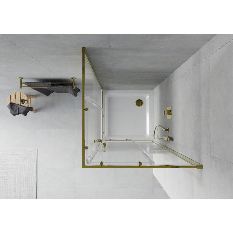 Mexen Rio štvorcová sprchová kabína 90 x 90 cm, biele pruhy, zlatá + sprchová vanička Flat, biela - 860-090-090-50-20-4010G