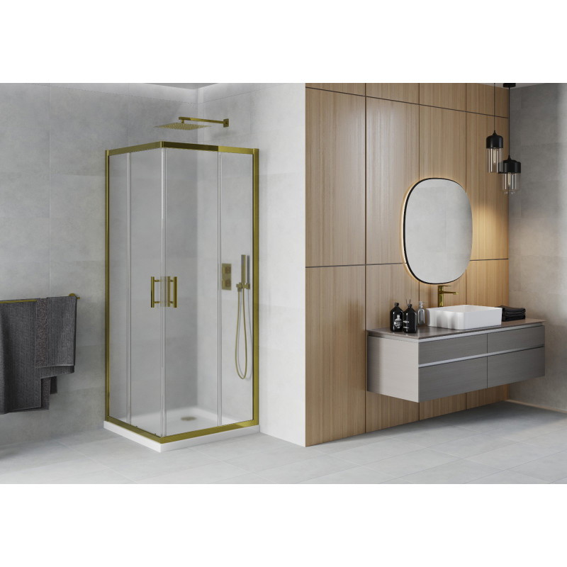 Mexen Rio štvorcový sprchový kút 80 x 80 cm, mrazený, zlatý + plytký sprchový box, biely - 860-080-080-50-30-4010G