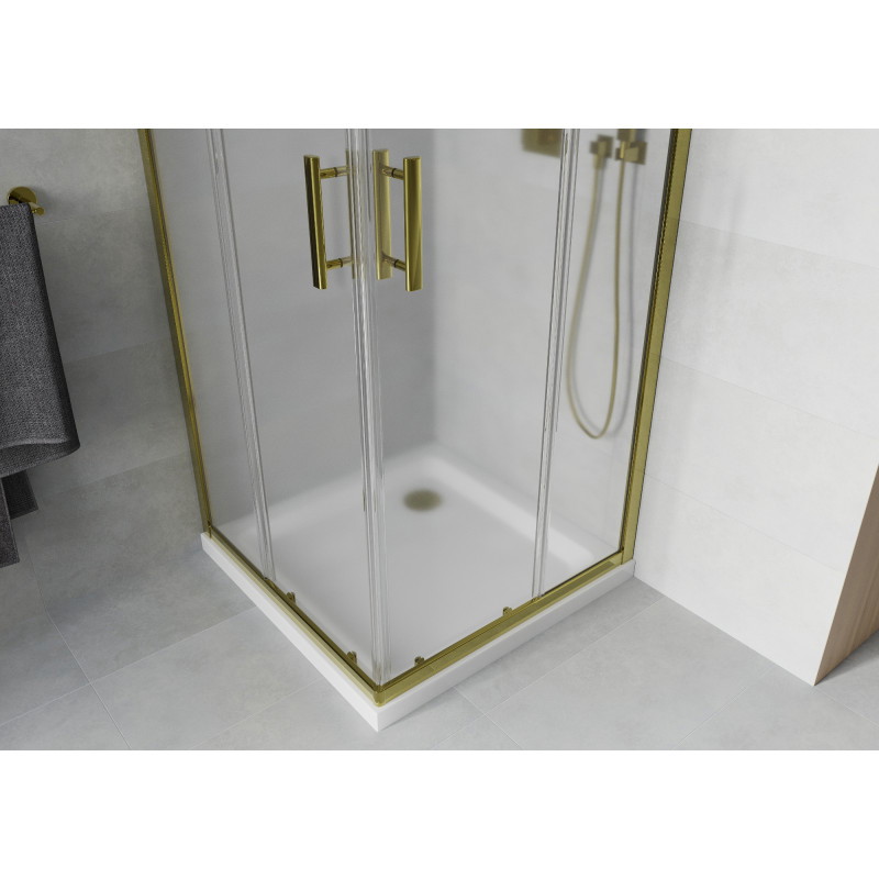 Mexen Rio štvormiestna sprchová kabína 90 x 90 cm, matná, zlatá + plochá vanička, biela - 860-090-090-50-30-4010G