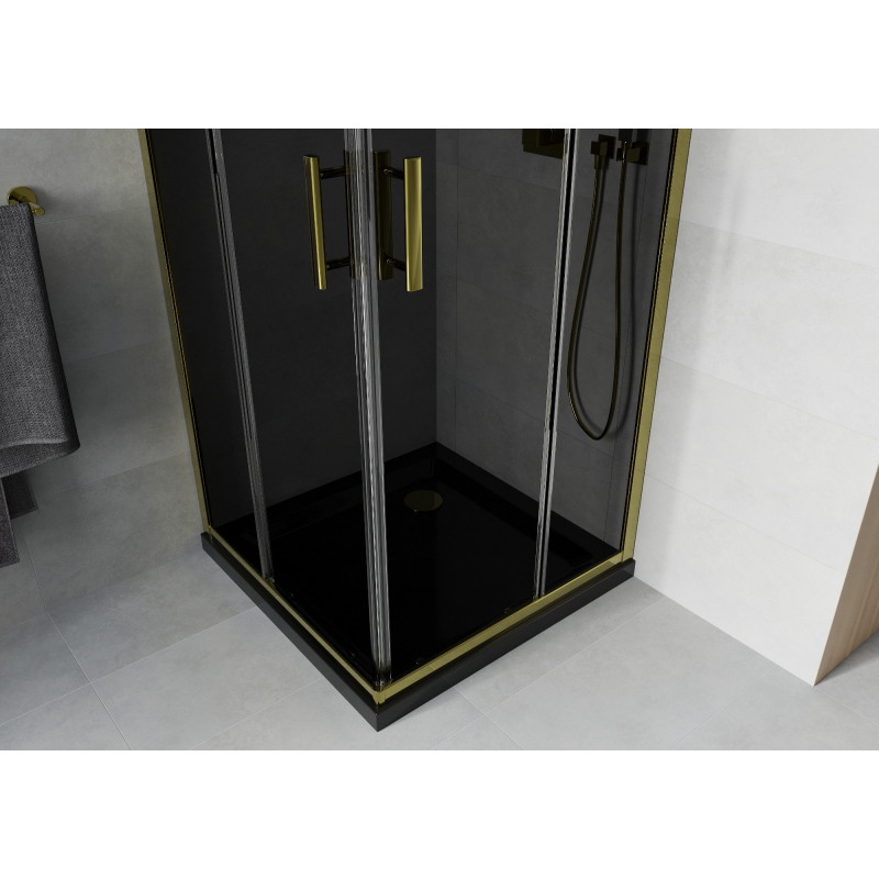 Mexen Rio štvorcová sprchová kabína 90 x 90 cm, grafitová, zlatá + vanička Flat, čierna - 860-090-090-50-40-4070G