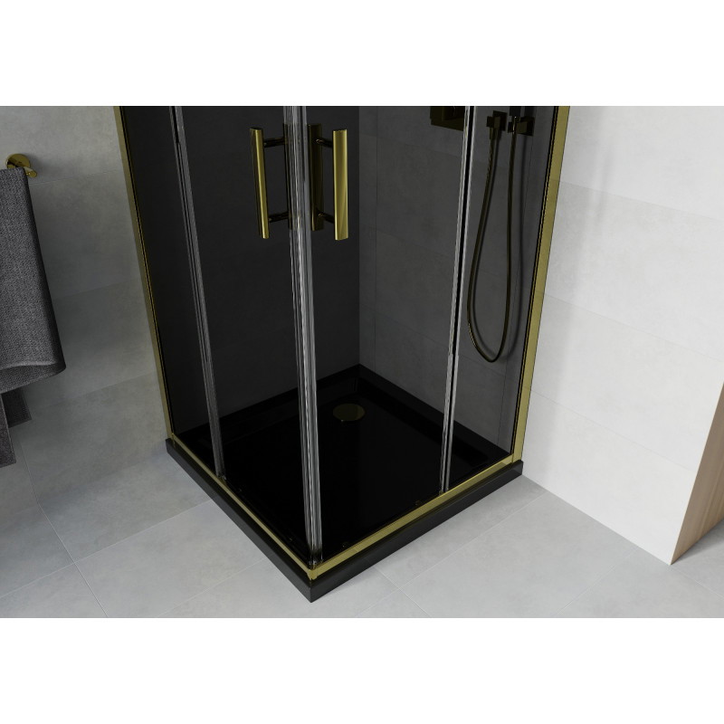 Mexen Rio štvorcový sprchovací kút 90 x 90 cm, grafit, zlatý + sprchová vanička Flat, čierny - 860-090-090-50-40-4070G