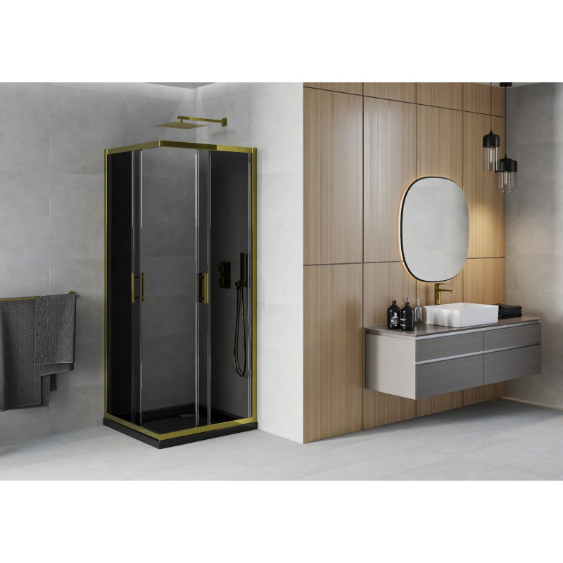 Mexen Rio štvorcový sprchovací kút 90 x 90 cm, grafit, zlatý + sprchová vanička Flat, čierny - 860-090-090-50-40-4070G