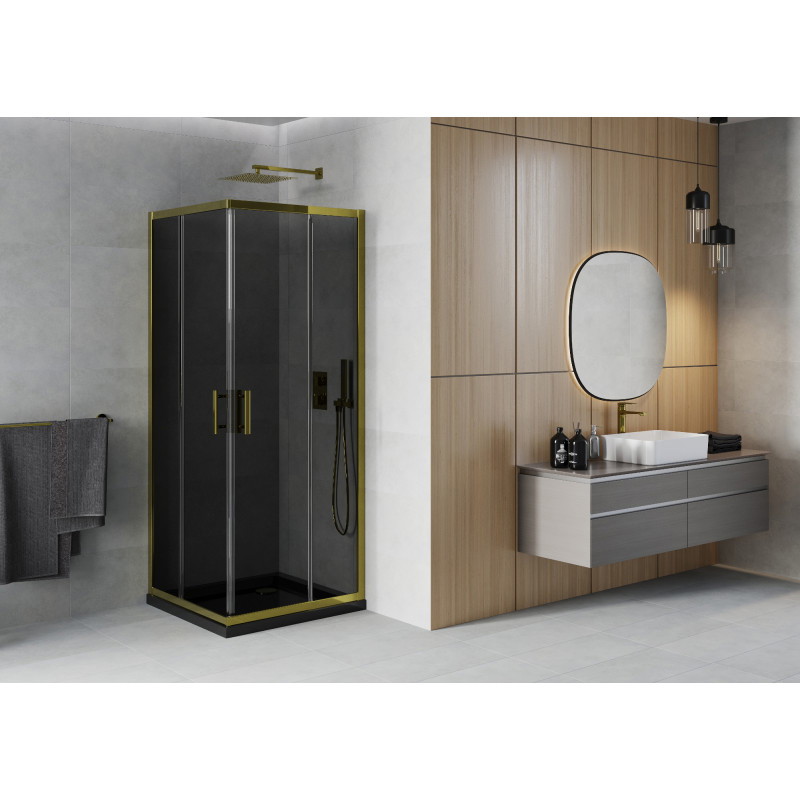 Mexen Rio štvorcový sprchovací kút 90 x 90 cm, grafit, zlatý + sprchová vanička Flat, čierny - 860-090-090-50-40-4070G
