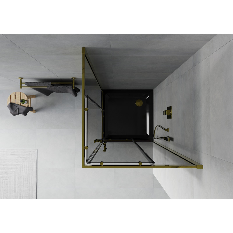 Mexen Rio štvorcový sprchovací kút 90 x 90 cm, grafit, zlatý + sprchová vanička Flat, čierny - 860-090-090-50-40-4070G