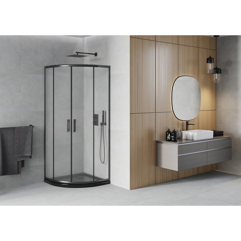 Mexen Rio polkruhový sprchový kút 80 x 80 cm, saténový, čierny + vanička Flat, čierna - 863-080-080-70-30-4170B