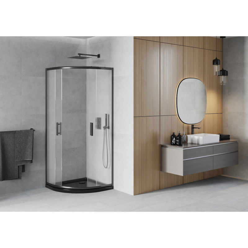 Mexen Rio polkruhový sprchový kút 80 x 80 cm, saténový, čierny + vanička Flat, čierna - 863-080-080-70-30-4170B
