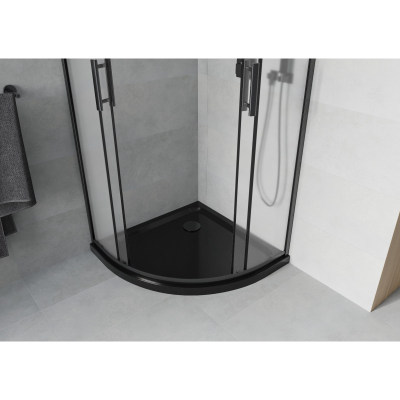 Mexen Rio polkruhový sprchový kút 80 x 80 cm, saténový, čierny + vanička Flat, čierna - 863-080-080-70-30-4170B