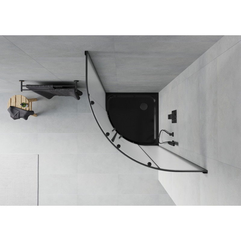 Mexen Rio sprchová kabína polkruhová 90 x 90 cm, námraza, čierna + vanička Flat, čierna - 863-090-090-70-30-4170B