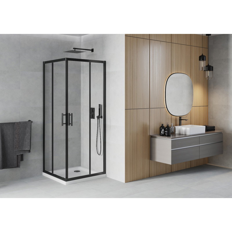 Mexen Rio štvorcový sprchový kút 70 x 70 cm, priehľadný, čierny + vanička Flat, biela - 860-070-070-70-00-4010B